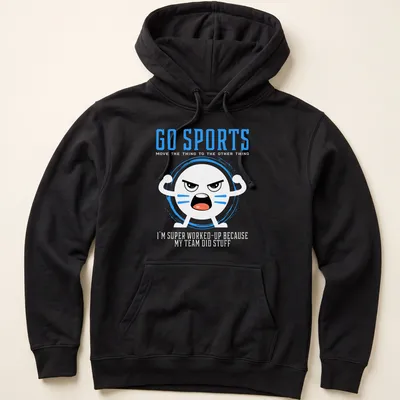 Kawaii cartoon face t-shirt featuring the text 'GO SPORTS' in bright colors — printed on a unisex hoodie