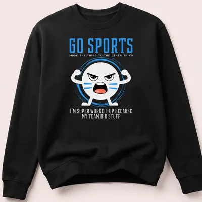 Kawaii cartoon face t-shirt featuring the text 'GO SPORTS' in bright colors — printed on a unisex sweatshirt