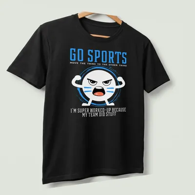 Kawaii cartoon face t-shirt featuring the text 'GO SPORTS' in bright colors — printed on a unisex t-shirt (angled view)