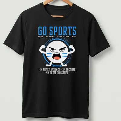 Kawaii cartoon face t-shirt featuring the text 'GO SPORTS' in bright colors