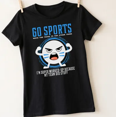 Kawaii cartoon face t-shirt featuring the text 'GO SPORTS' in bright colors — printed on a women's shirt