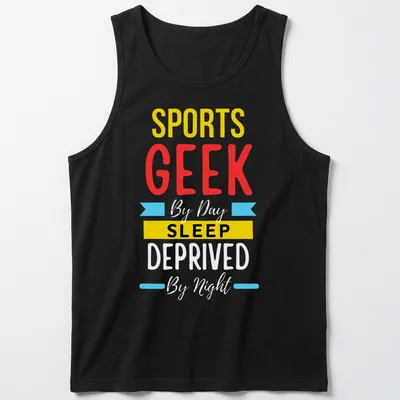 Colorful Sports Geek Sleep t-shirt with bold typography — printed on a tank top