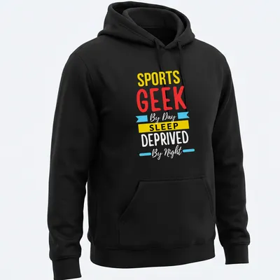 Colorful Sports Geek Sleep t-shirt with bold typography — printed on a unisex hoodie
