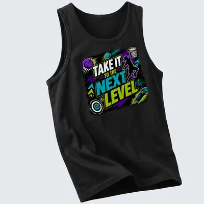 Vibrant graphic of a jumping silhouette with motivational text in neon colors. — printed on a tank top