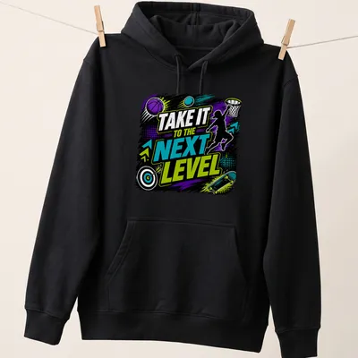 Vibrant graphic of a jumping silhouette with motivational text in neon colors. — printed on a unisex hoodie