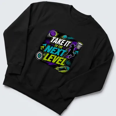 Vibrant graphic of a jumping silhouette with motivational text in neon colors. — printed on a unisex sweatshirt