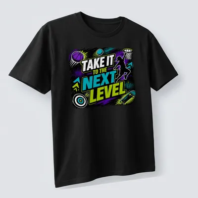 Vibrant graphic of a jumping silhouette with motivational text in neon colors. — printed on a unisex t-shirt (angled view)