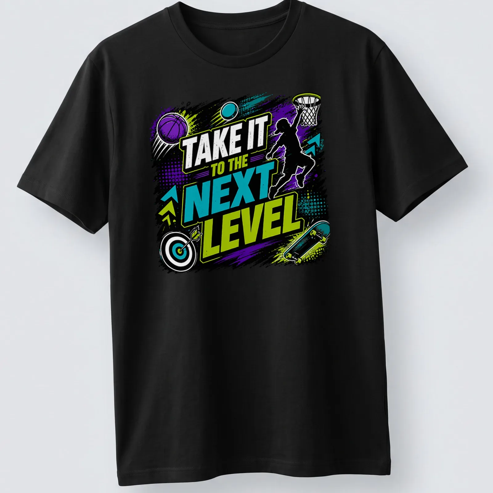 Vibrant graphic of a jumping silhouette with motivational text in neon colors. — printed on a unisex t-shirt