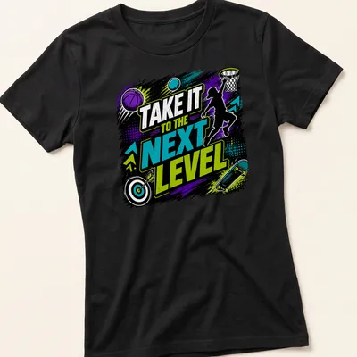 Vibrant graphic of a jumping silhouette with motivational text in neon colors. — printed on a women's shirt