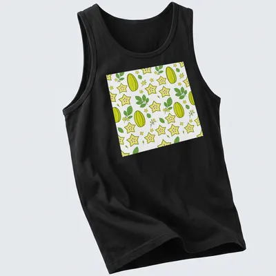 Illustrative pattern of yellow and green starfruit on a white background — printed on a tank top