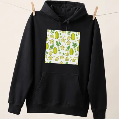 Illustrative pattern of yellow and green starfruit on a white background — printed on a unisex hoodie