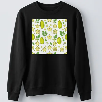 Illustrative pattern of yellow and green starfruit on a white background — printed on a unisex sweatshirt
