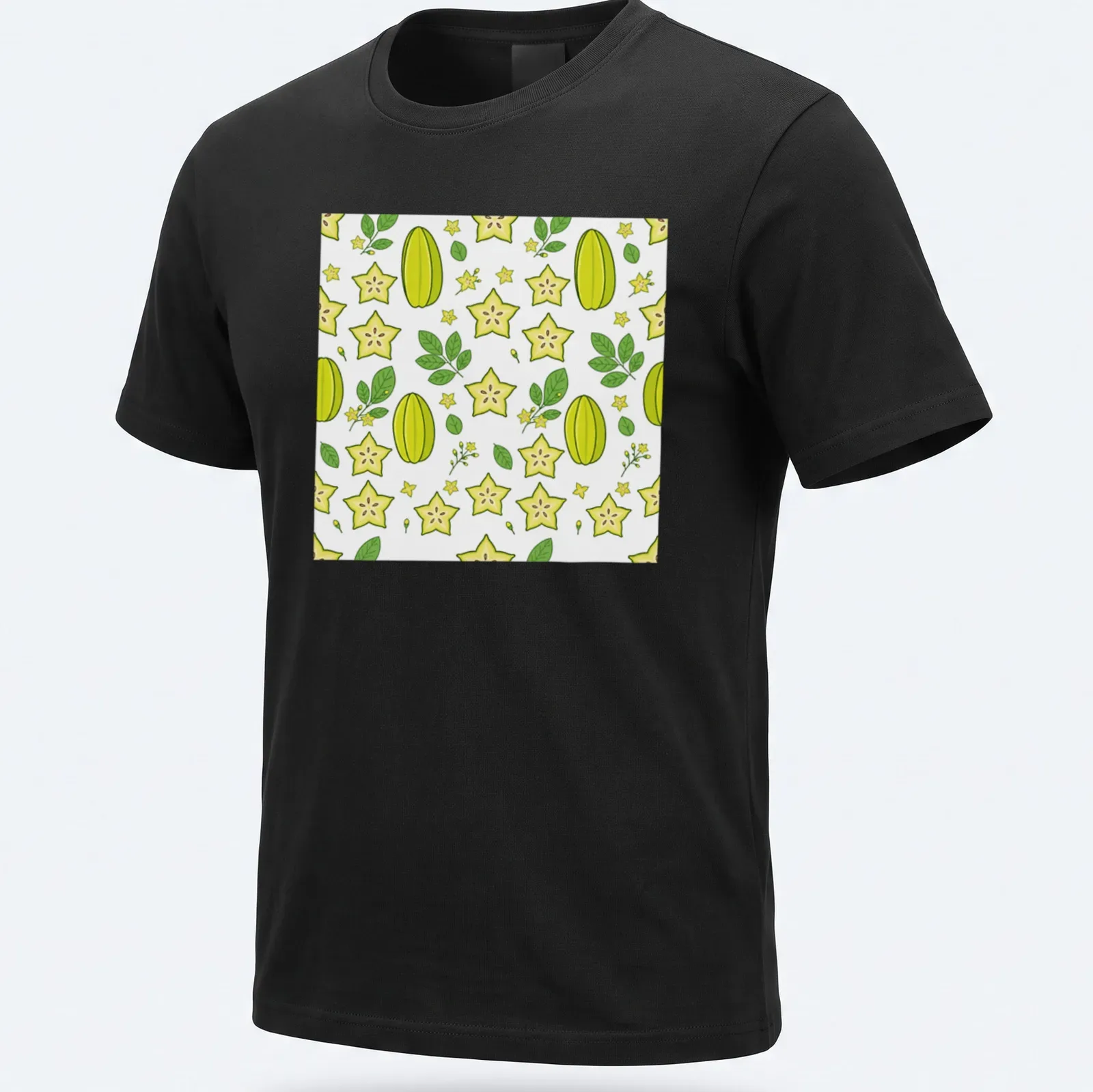 Illustrative pattern of yellow and green starfruit on a white background — printed on a unisex t-shirt