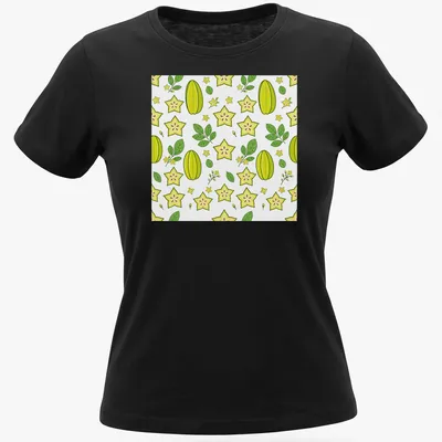 Illustrative pattern of yellow and green starfruit on a white background — printed on a women's shirt