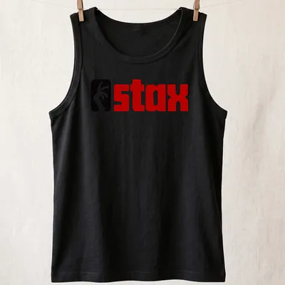 Bold graphic Stax logo T-shirt in black, red, and white colors. — printed on a tank top