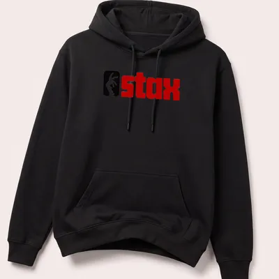 Bold graphic Stax logo T-shirt in black, red, and white colors. — printed on a unisex hoodie