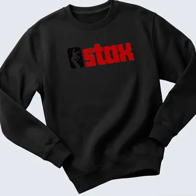Bold graphic Stax logo T-shirt in black, red, and white colors. — printed on a unisex sweatshirt