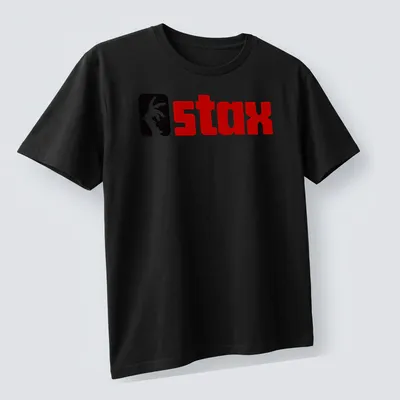 Bold graphic Stax logo T-shirt in black, red, and white colors. — printed on a unisex t-shirt (angled view)