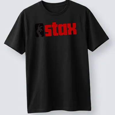 Bold graphic Stax logo T-shirt in black, red, and white colors.