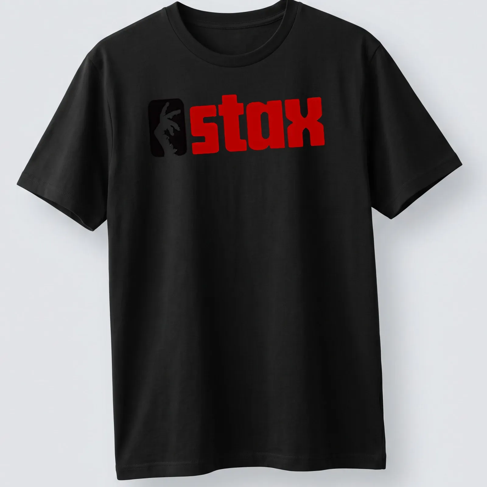 Bold graphic Stax logo T-shirt in black, red, and white colors. — printed on a unisex t-shirt