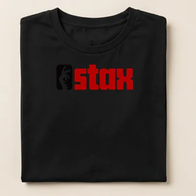 Bold graphic Stax logo T-shirt in black, red, and white colors. — printed on a women's shirt
