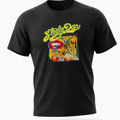Vintage retro Steely Dan t-shirt featuring colorful text on a music theme