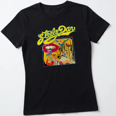 Vintage retro Steely Dan t-shirt featuring colorful text on a music theme — printed on a women's shirt