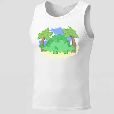 Kawaii style stegosaurus surrounded by palm trees in green, blue, and yellow — printed on a tank top