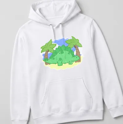 Kawaii style stegosaurus surrounded by palm trees in green, blue, and yellow — printed on a unisex hoodie