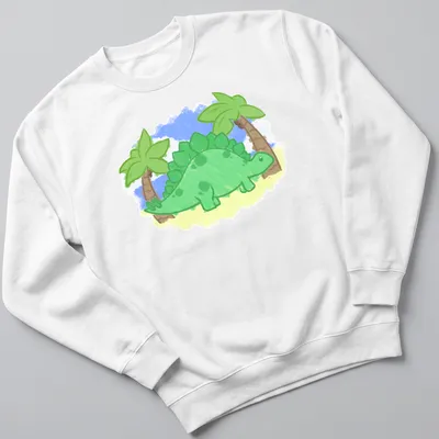 Kawaii style stegosaurus surrounded by palm trees in green, blue, and yellow — printed on a unisex sweatshirt
