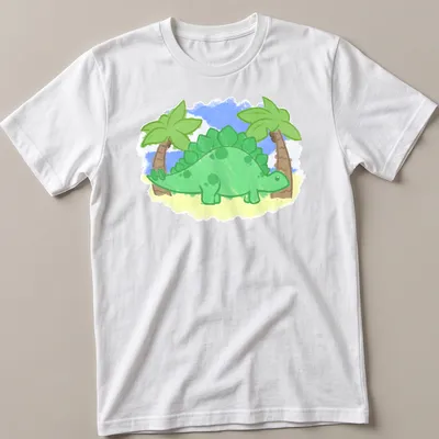 Kawaii style stegosaurus surrounded by palm trees in green, blue, and yellow
