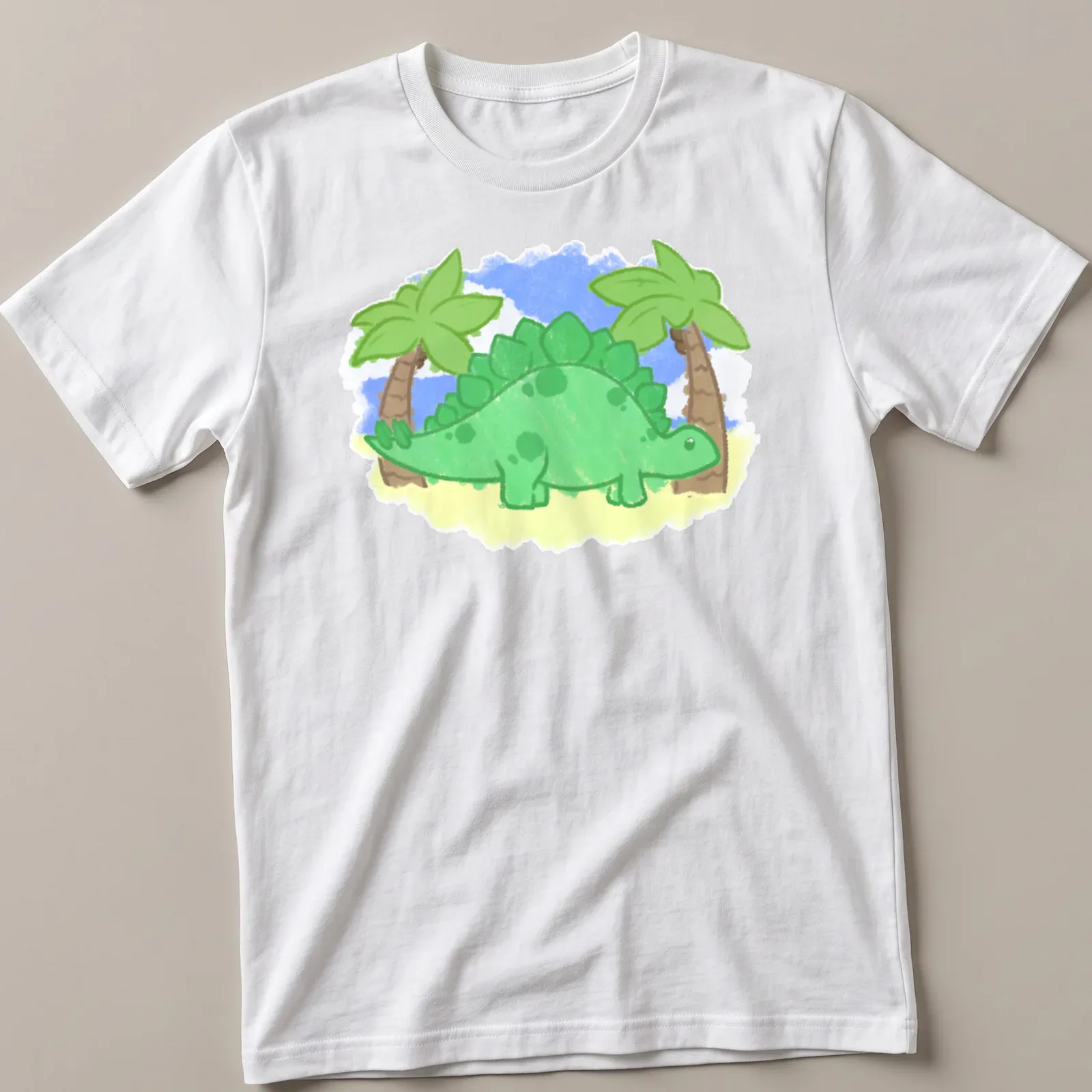 Kawaii style stegosaurus surrounded by palm trees in green, blue, and yellow — printed on a unisex t-shirt