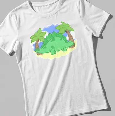Kawaii style stegosaurus surrounded by palm trees in green, blue, and yellow — printed on a women's shirt