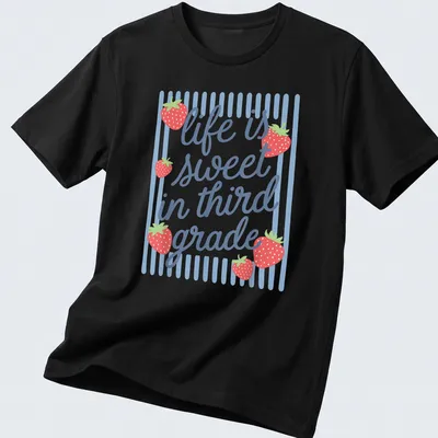 Playful illustration of a strawberry with text 'life is sweet in third grade'