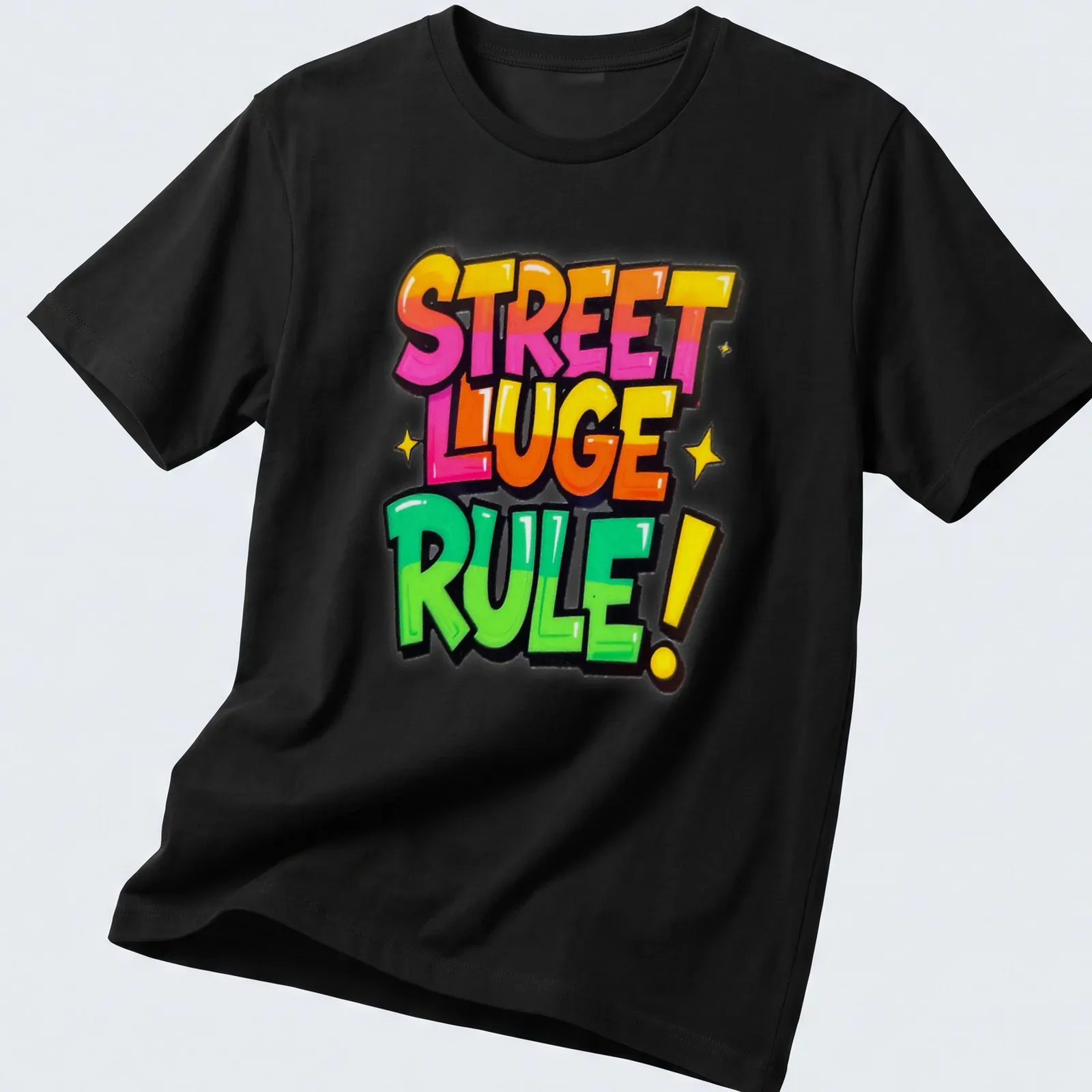 Vintage graffiti typography t-shirt with bright colors and street luge theme — printed on a unisex t-shirt