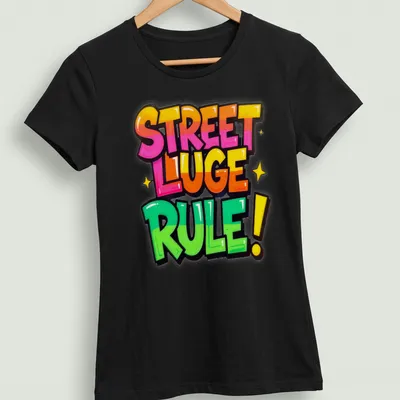 Vintage graffiti typography t-shirt with bright colors and street luge theme — printed on a women's shirt