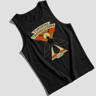 Vintage illustration tee featuring a bird and guitars with concert details — printed on a tank top