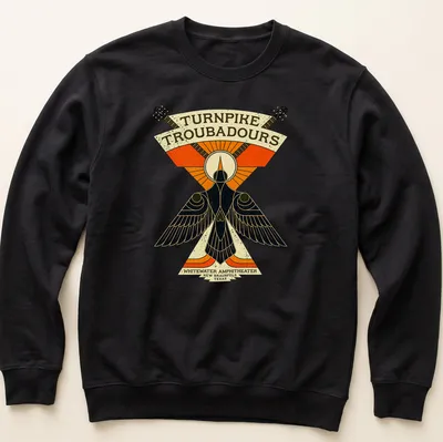 Vintage illustration tee featuring a bird and guitars with concert details — printed on a unisex sweatshirt