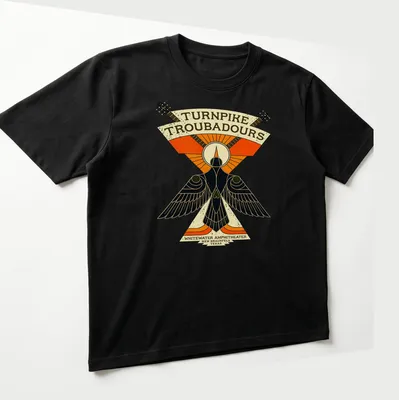 Vintage illustration tee featuring a bird and guitars with concert details — printed on a unisex t-shirt (angled view)