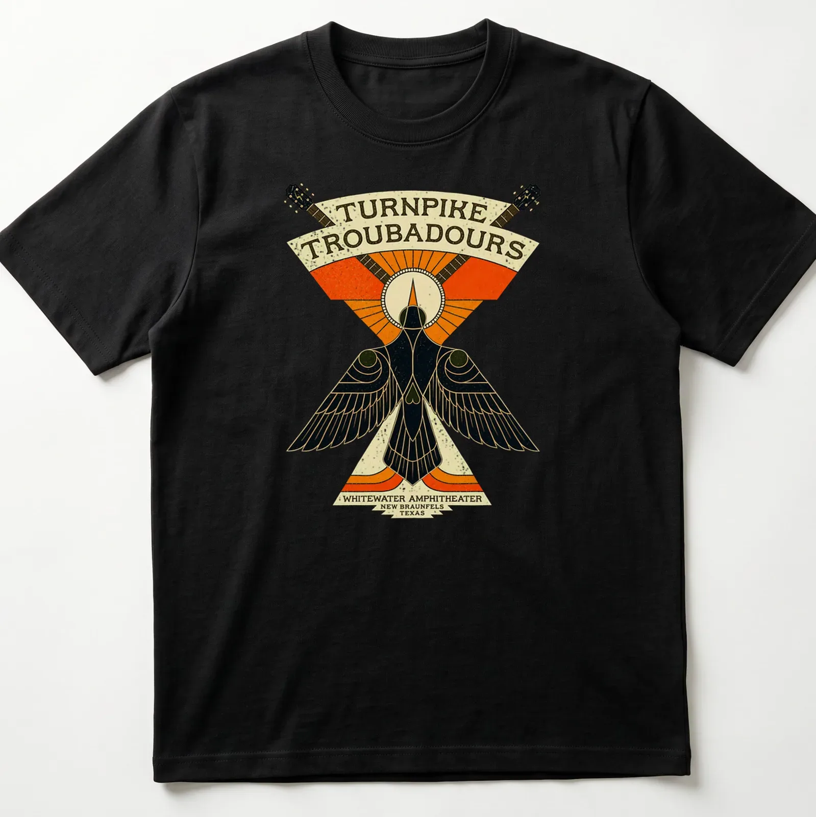 Vintage illustration tee featuring a bird and guitars with concert details — printed on a unisex t-shirt