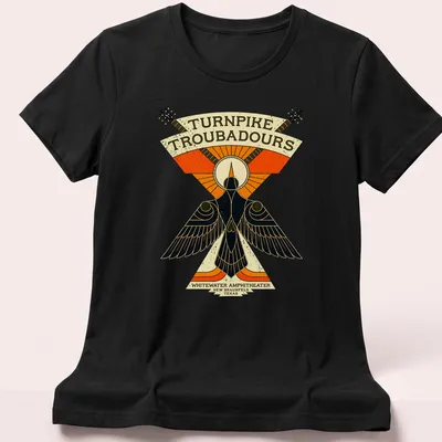 Vintage illustration tee featuring a bird and guitars with concert details — printed on a women's shirt