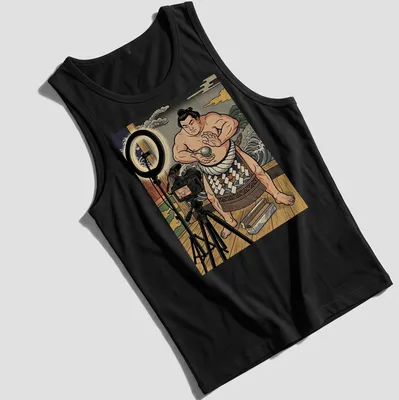 Illustration of a sumo wrestler making a foil ball in ukiyo-e style — printed on a tank top