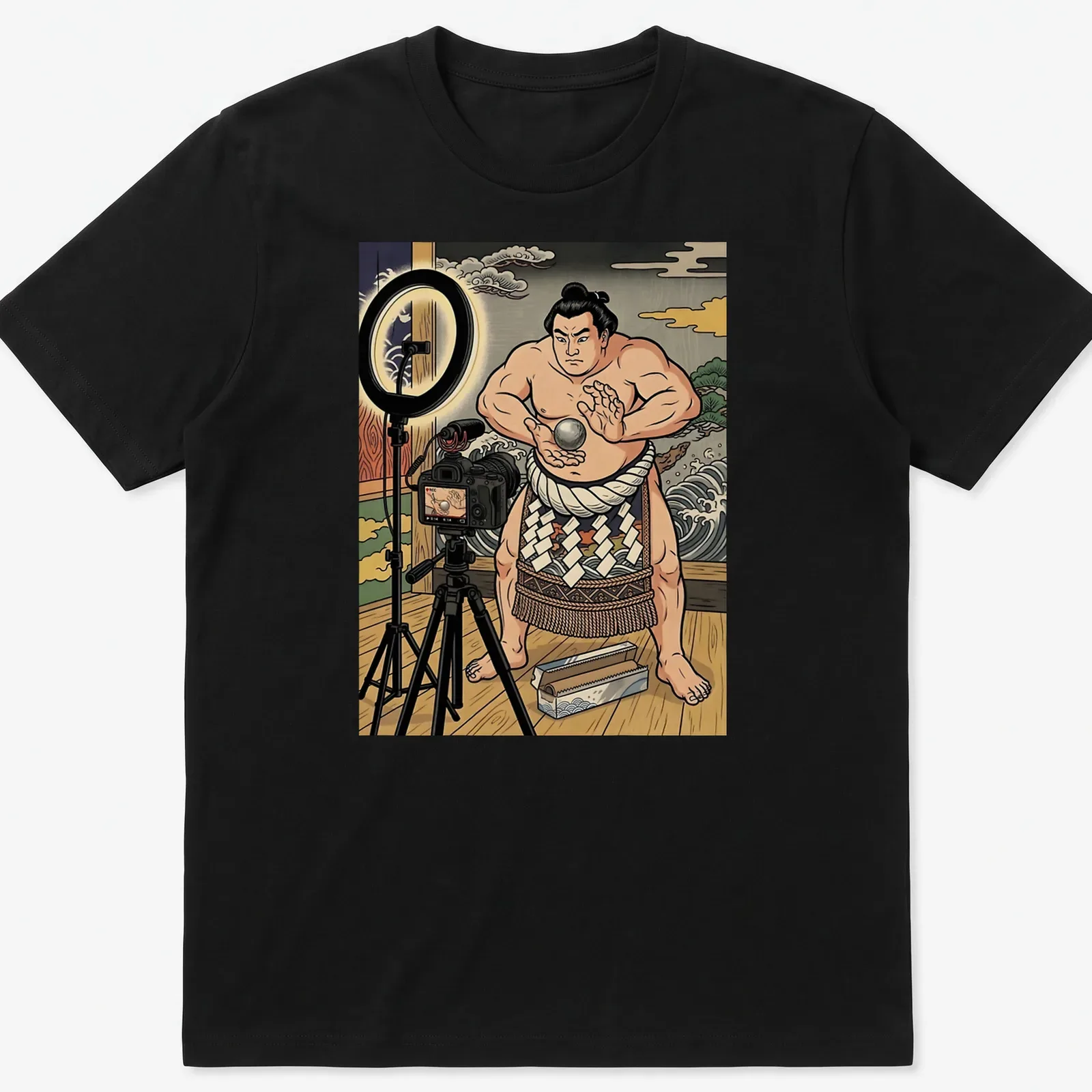 Illustration of a sumo wrestler making a foil ball in ukiyo-e style — printed on a unisex t-shirt