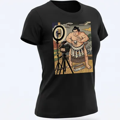 Illustration of a sumo wrestler making a foil ball in ukiyo-e style — printed on a women's shirt