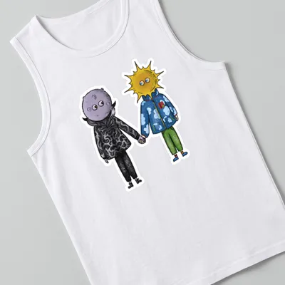 Colorful cartoon of Sun and Moon characters holding hands in bright colors. — printed on a tank top