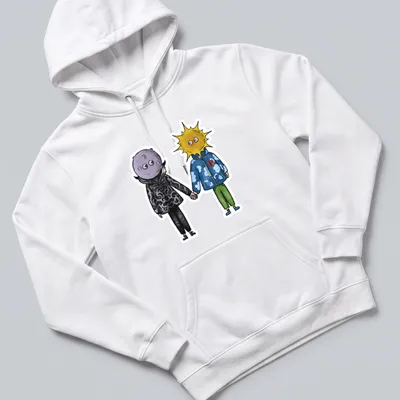 Colorful cartoon of Sun and Moon characters holding hands in bright colors. — printed on a unisex hoodie