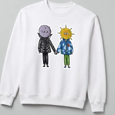 Colorful cartoon of Sun and Moon characters holding hands in bright colors. — printed on a unisex sweatshirt