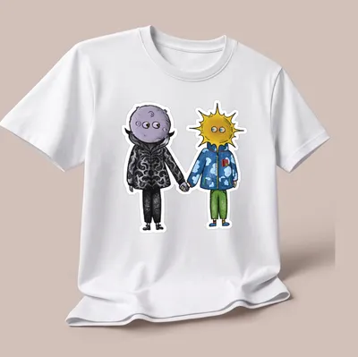 Colorful cartoon of Sun and Moon characters holding hands in bright colors. — printed on a unisex t-shirt (angled view)