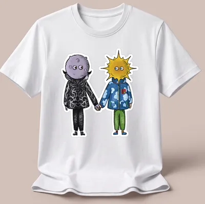 Colorful cartoon of Sun and Moon characters holding hands in bright colors.