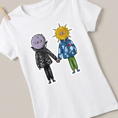 Colorful cartoon of Sun and Moon characters holding hands in bright colors. — printed on a women's shirt